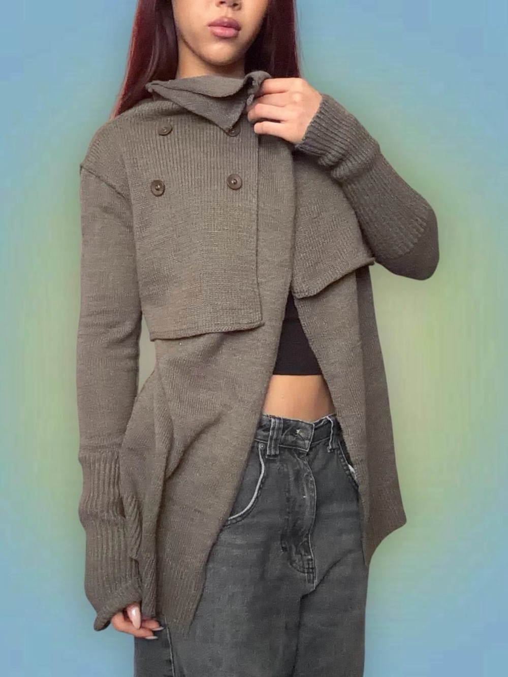 Le Temps Des Cerises Olive Brown Asymmetric Double-Breasted Knit Cardigan
